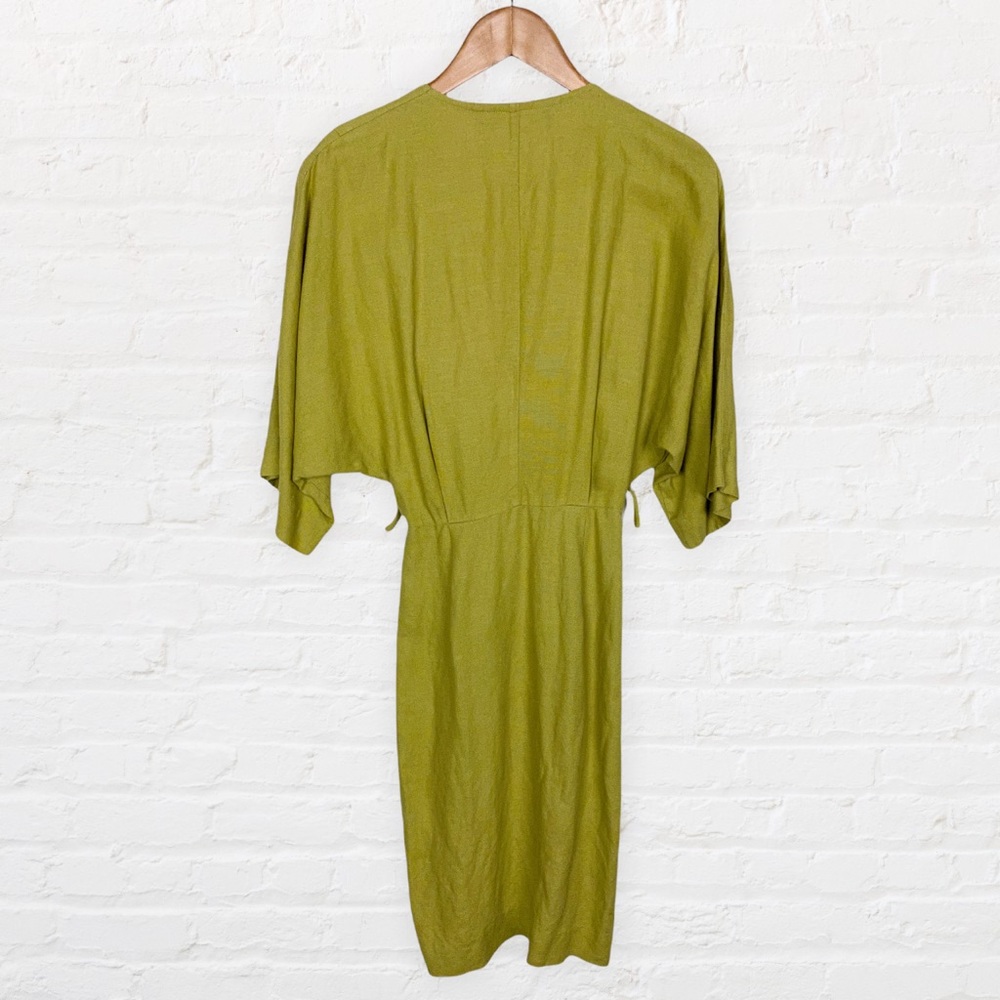 VINTAGE | 1980’s Barbara Barbara Sheen Green Linen Blend Parisian Wrap Dress - Picture 9 of 12